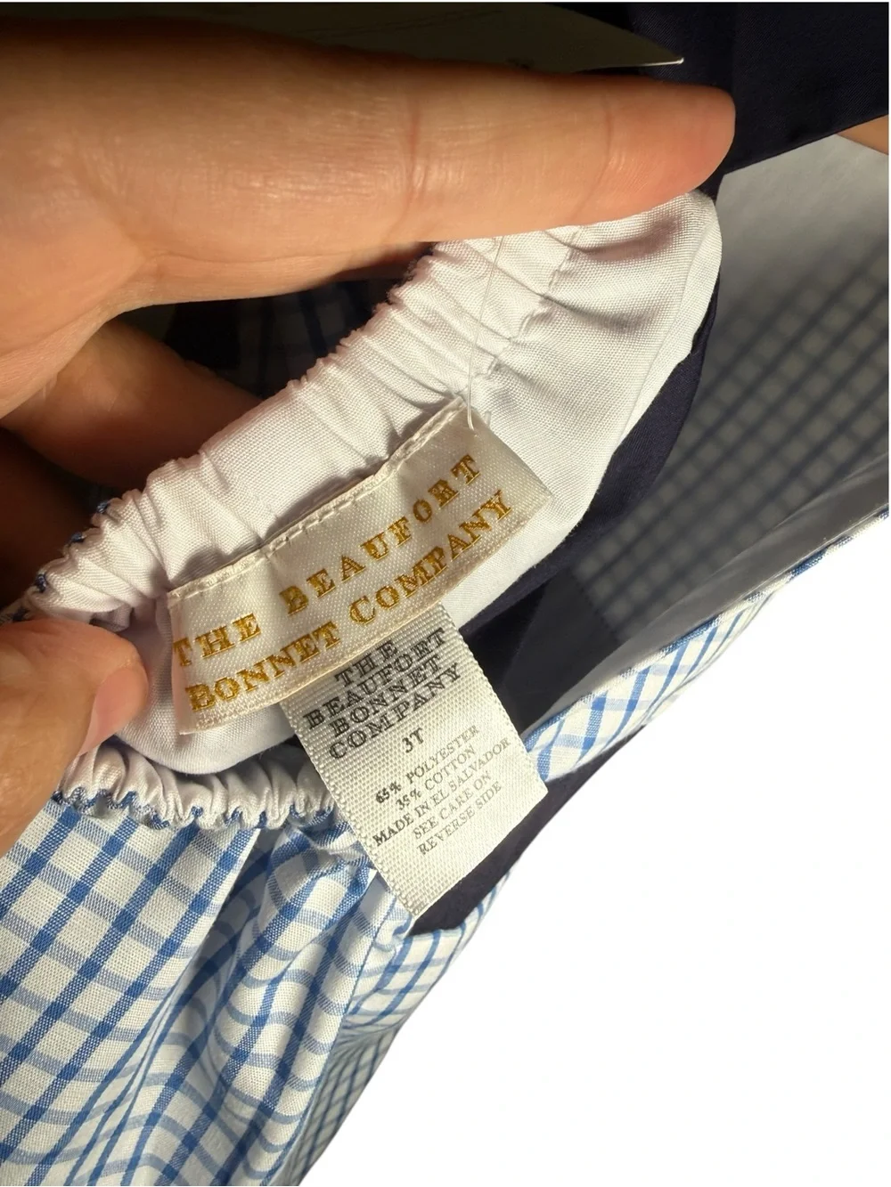 The Beaufort Bonnet Company Shadley Shortall Blue Windowpane Fish Applique NWT